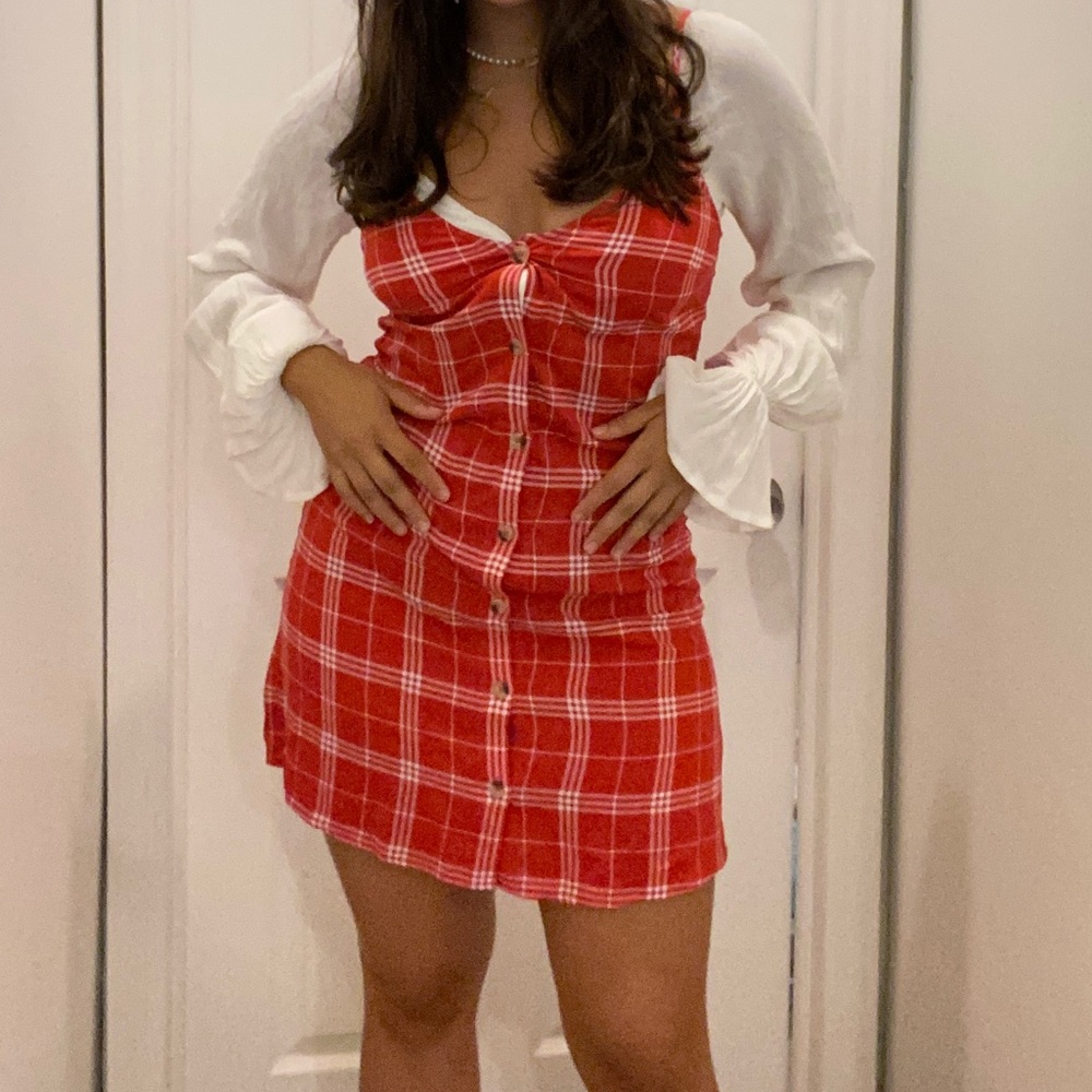 Red slip dress with buttons